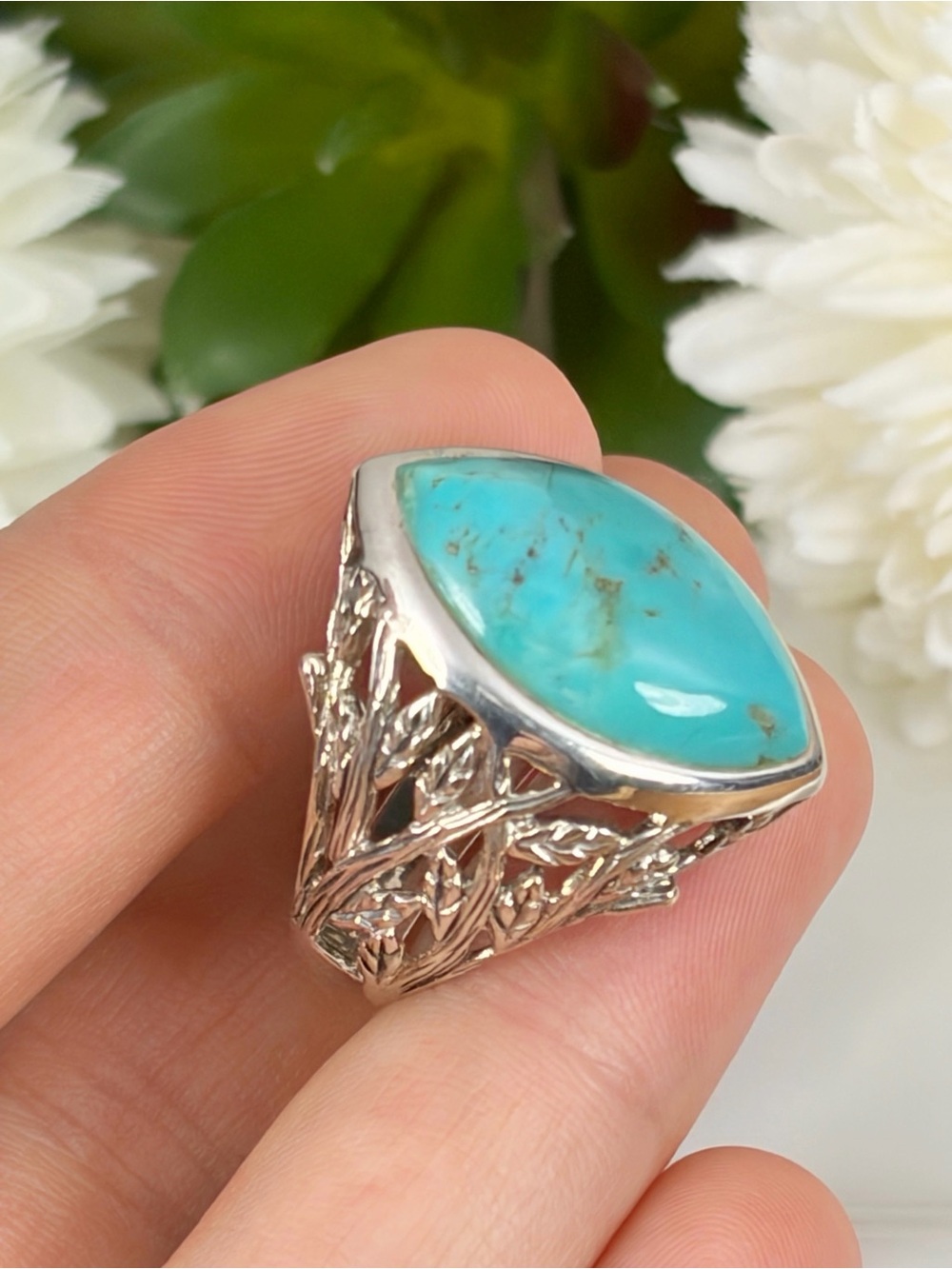 Vintage Sterling Silver 925 Marquise Turquoise Chunky Ring Size 9 Nice Condition - Picture 5 of 9